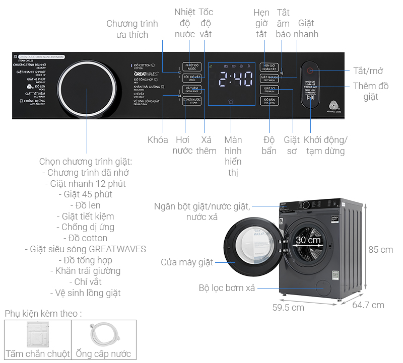 Thông số kỹ thuật Máy giặt Toshiba Inverter 9.5 Kg TW-BK105G4V(MG)