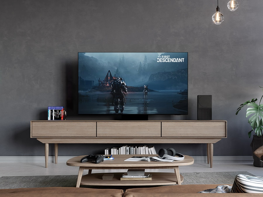Trên nền đen, một tia laze trắng ở viền trên của Samsung OLED. Khi nó vạch ra bốn cạnh, nền cho thấy chiếc TV trong phòng khách hiện đại.