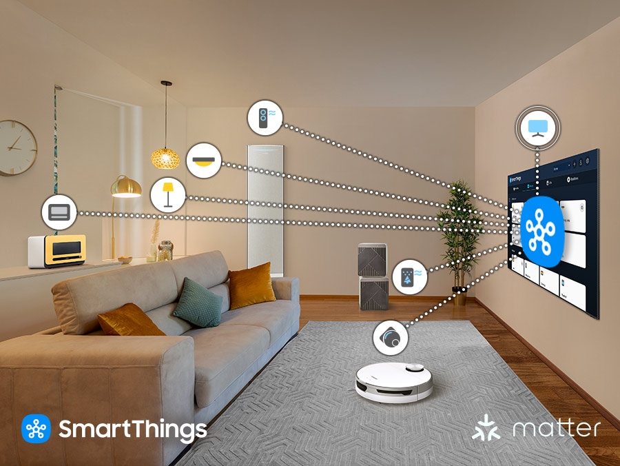 Sử dụng SmartThings, biểu tượng của trung tâm tích hợp trên TV Samsung kết nối với các biểu tượng khác của nhiều thiết bị gia đình được kết nối khác nhau trong phòng khách, chẳng hạn như máy điều hòa, đèn, lò nướng, robot hút bụi và máy lọc không khí.
