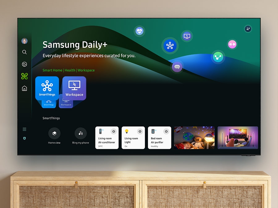 TV hiển thị menu Samsung Daily+ với các ứng dụng phong cách sống như SmartThings và Workspace.
