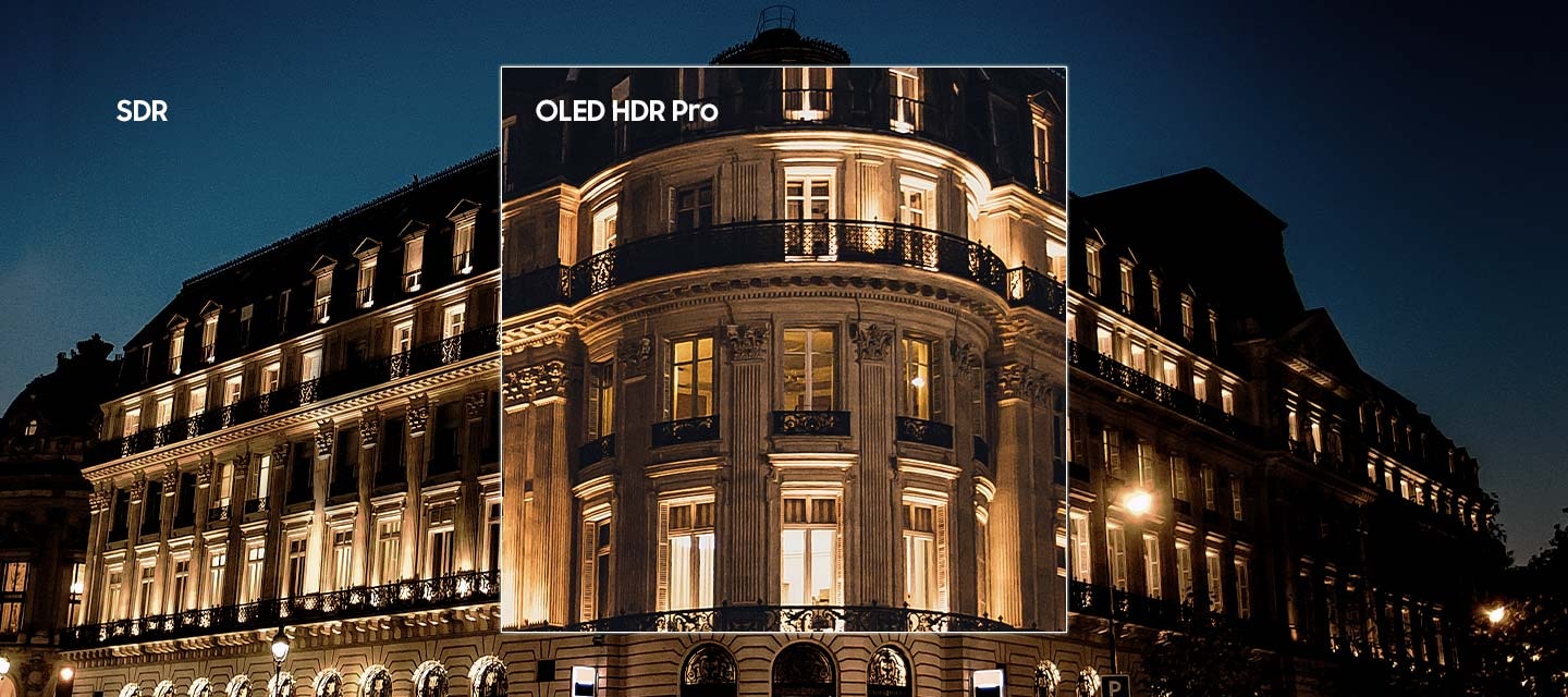 Tòa nhà có ánh sáng mờ với chất lượng SDR được biến đổi bằng công nghệ OLED HDR Pro, tái hiện những điểm sáng và chi tiết ẩn giúp thiết kế phức tạp của tòa nhà trở nên sống động.