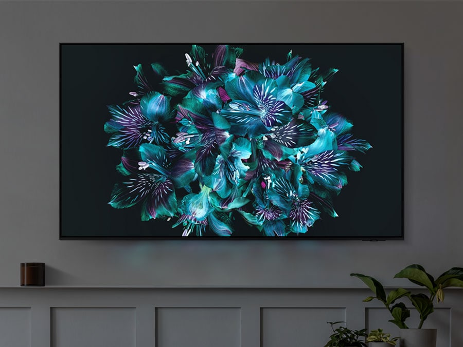 Một chiếc TV đang hiển thị hình hoa văn đầy màu sắc giống như bông hoa trên màn hình. Các chi tiết màu sắc của hoa rất sống động.