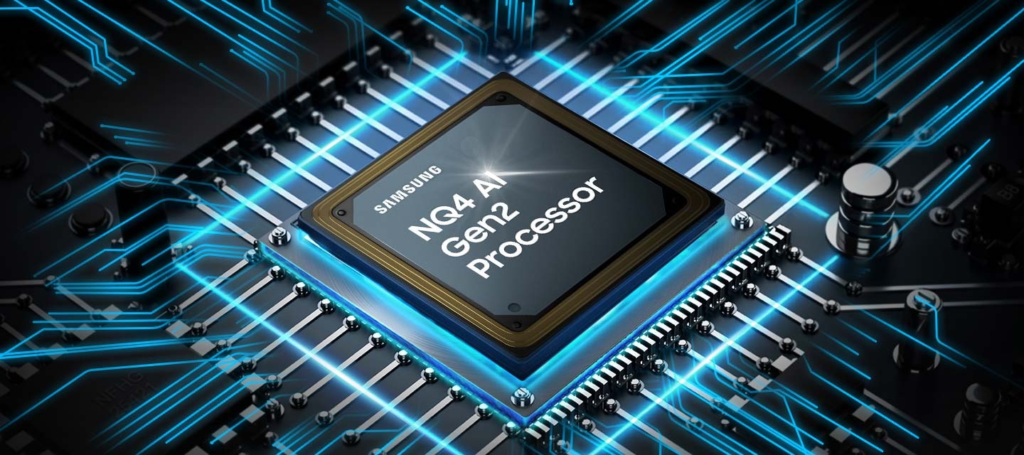 Bộ chip xử lý AI NQ4 thế hệ 2 truyền xuống bo mạch chính của TV và làm sáng các làn sóng năng lượng truyền từ chip đến phần còn lại của TV.