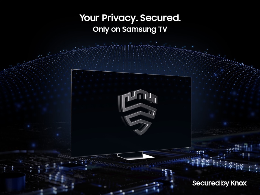 Giải pháp bảo mật đa tầng đang tạo ra một lớp vỏ giống như mái vòm phía sau TV được bảo mật bằng Knox. Màn hình có biểu tượng Samsung Knox. Văn bản Quyền riêng tư của bạn. Đã bảo đảm. Chỉ có trên tivi Samsung mới có màn hình hiển thị phía trên.